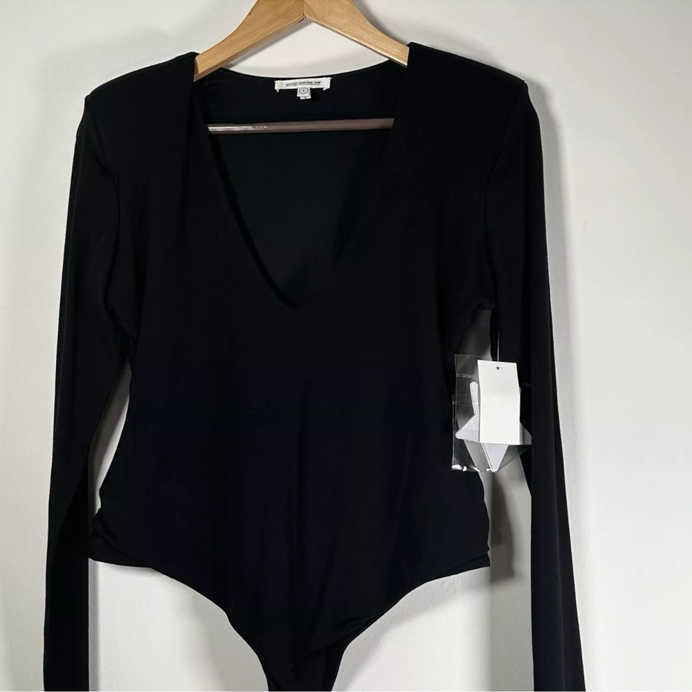 Good American Black Low Down Deep V Bodysuit Large New Shoulder Pad Long Sleeve - Picture 3 of 12